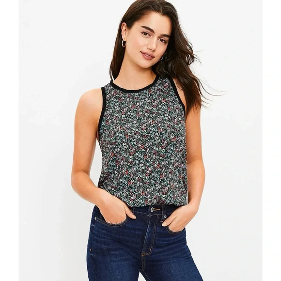 LOFT Floral Rib Trim Mixed Media Tank - Picture 1 of 12
